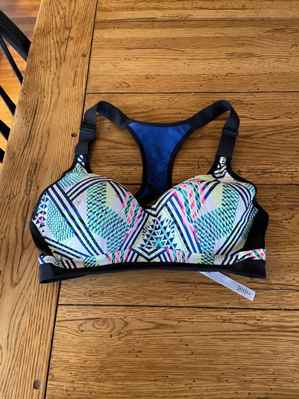 VSX Neon Geo Racerback Sports Bra - Blue, Pink, Green, Black
